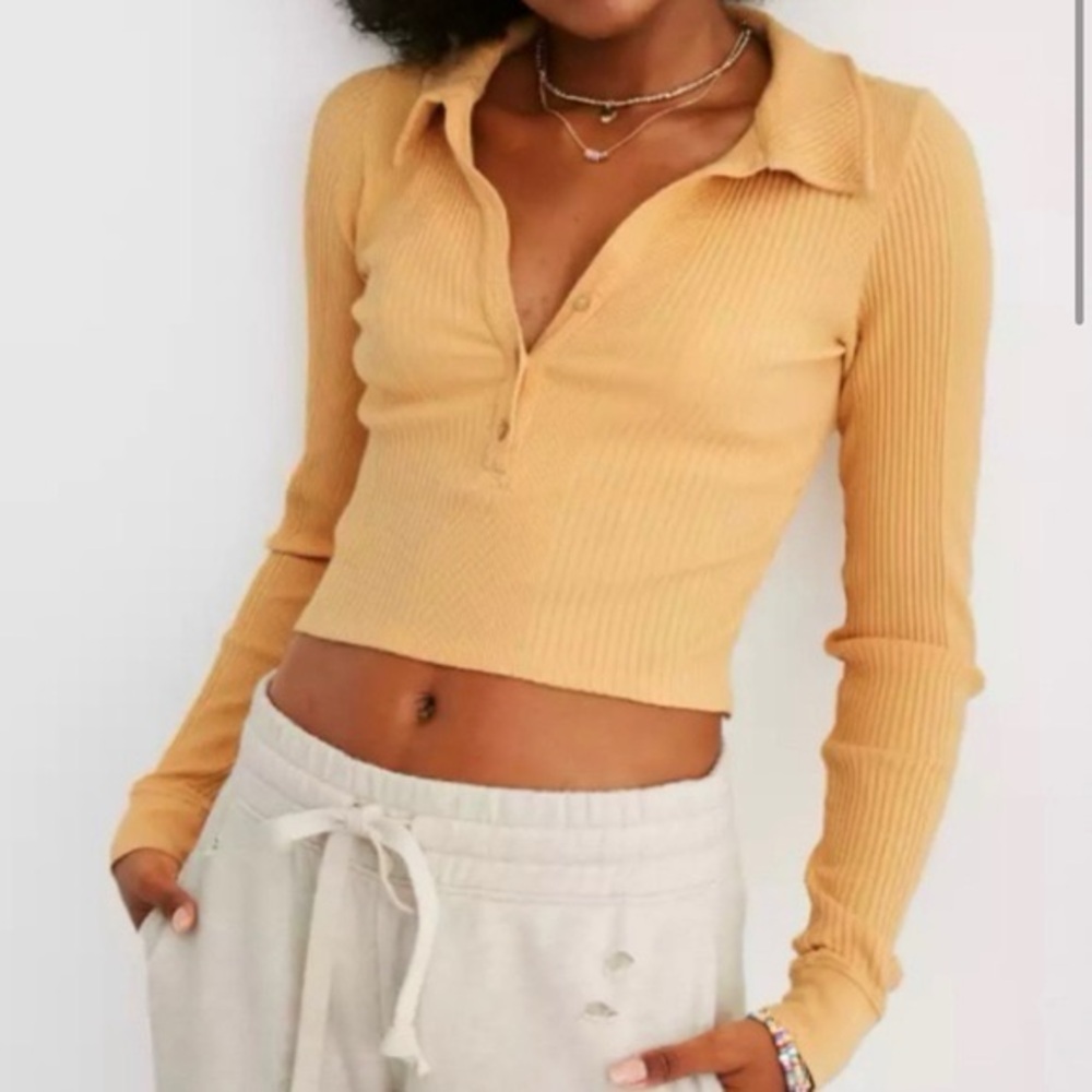Aerie Butter Yellow Ribbed Crop Top Long Sleeve Button Front Women’s XL